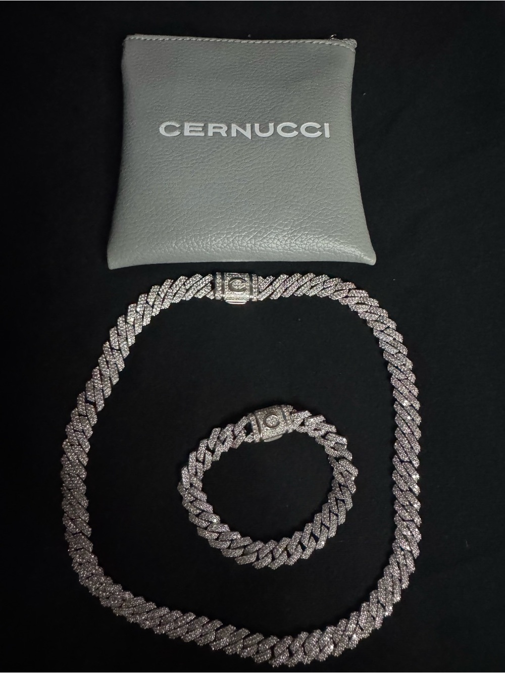 Cernucci Pave Cuban Link Necklace & Bracelet Set - Silver Sparkle